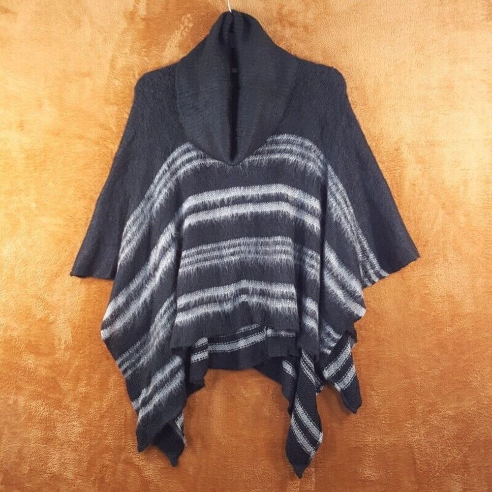 WOODEN SHIPS Womens Poncho Black Stripe Pullover Cowl Neck Mohair Wool Soft